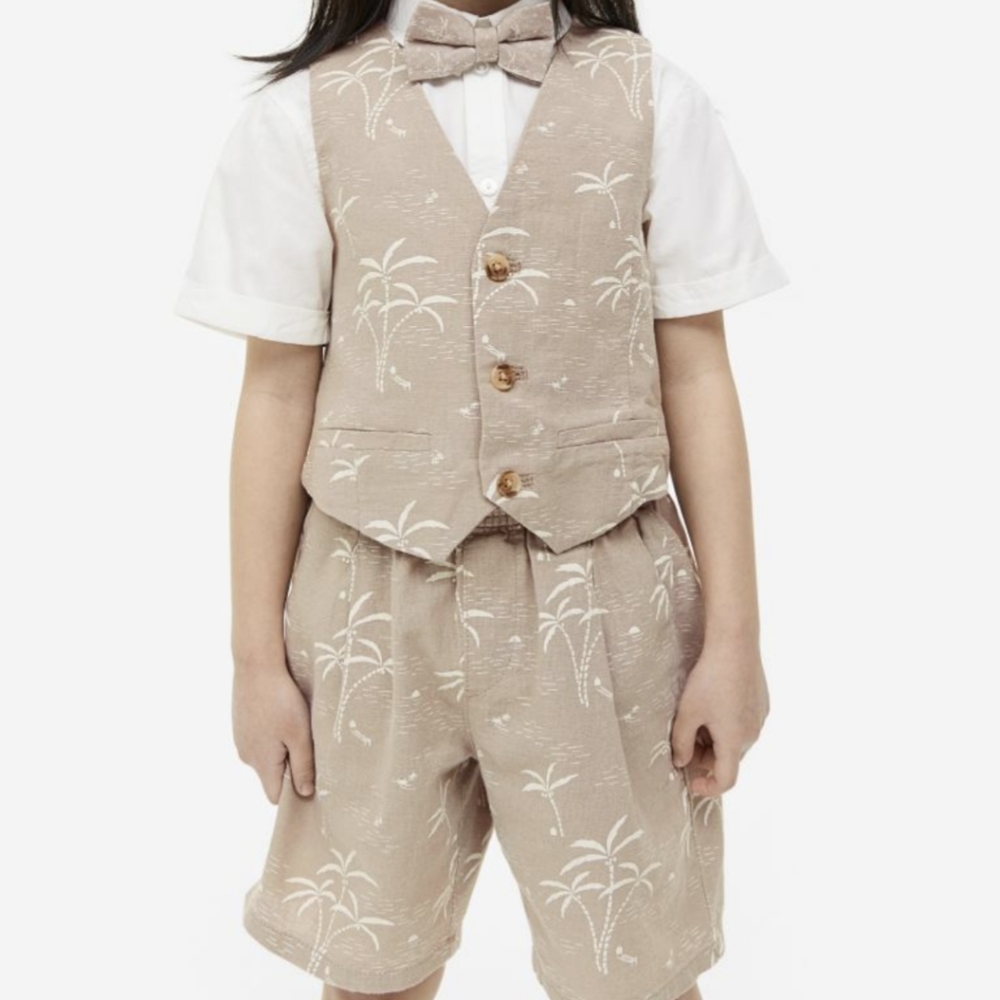 H&M Kids Boys 4 Piece Linen Set Shirt Vest Shorts Bow Tie 4-5 Wedding Beach